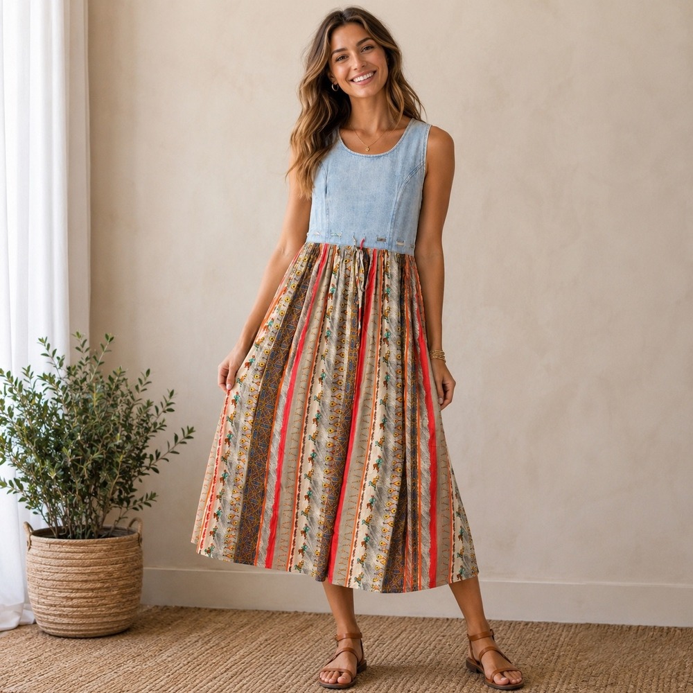 Green Land USA Vntg 90s Denim Mixed Media Printed Maxi Dress Multi-Color L Boho